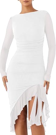 BORIFLORS Womens Sexy Ruched Bodycon Midi Dresses Elegant Mesh Long Sleeve Ruffle Hem Cocktail Party Dress