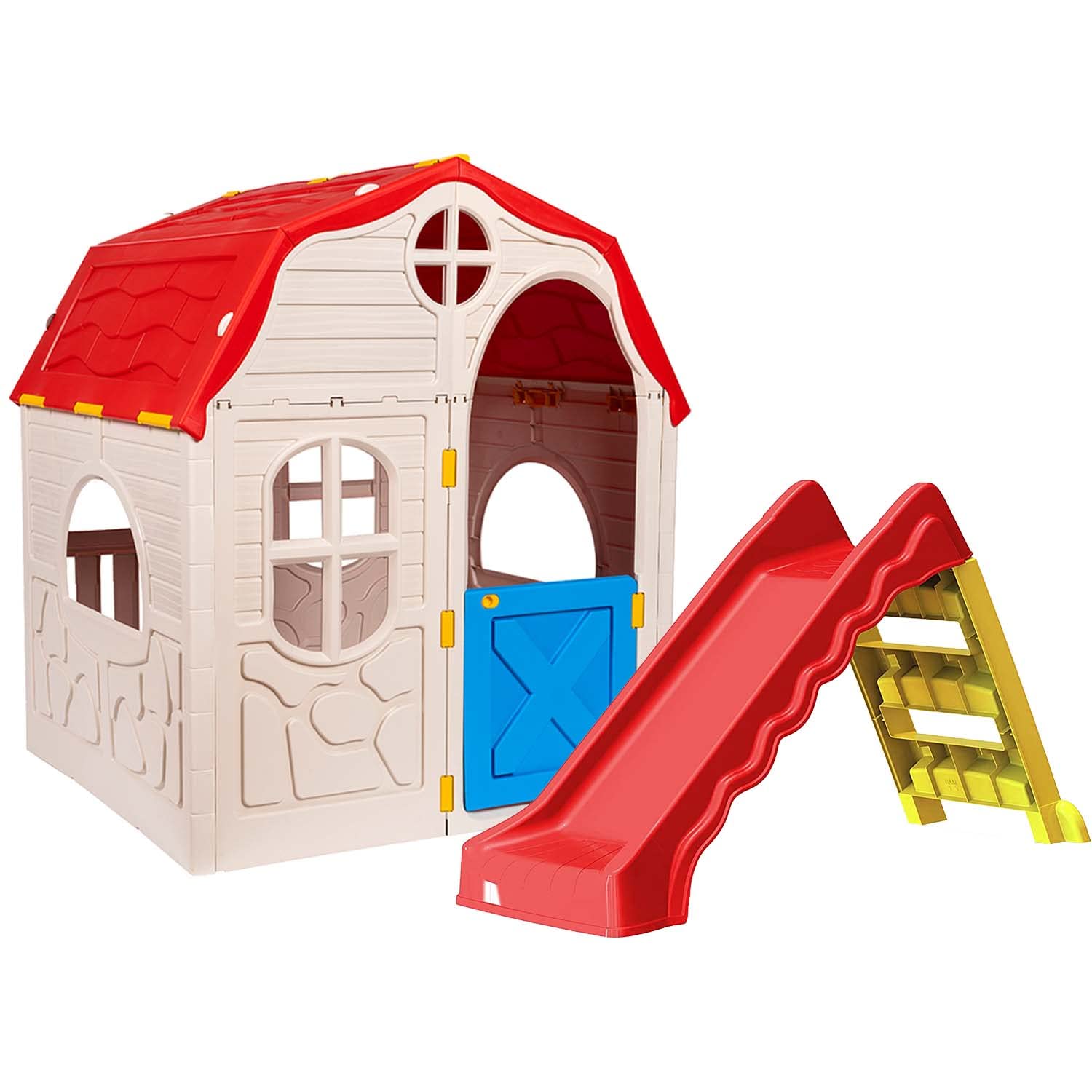 Kreher Foldable Playhouse 'Fantastic' and Foldable Slide 'Magic' for Kids, Boys, Girls, Children, Play-house and Slide for Home and Garden, Durable, Plastic, Space-saving