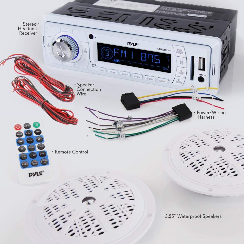 Marine Headunit Receiver Speaker Kit - In-Dash LCD Digital Stereo w/ AM FM Radio System 5.25’’ Waterproof Cone Speakers (2) MP3/USB/SD Readers Single DIN & Remote Control - Pyle White PLMRKT32WT