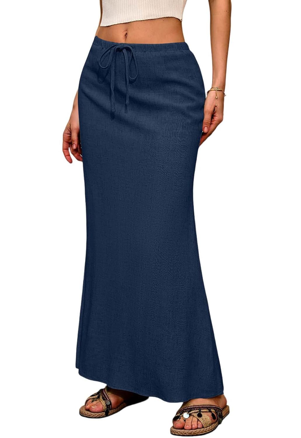 ebossy Womens Casual Cotton Linen Drawstring Skirts Elastic Waist Side Slit Flared A-Line Maxi Skirts