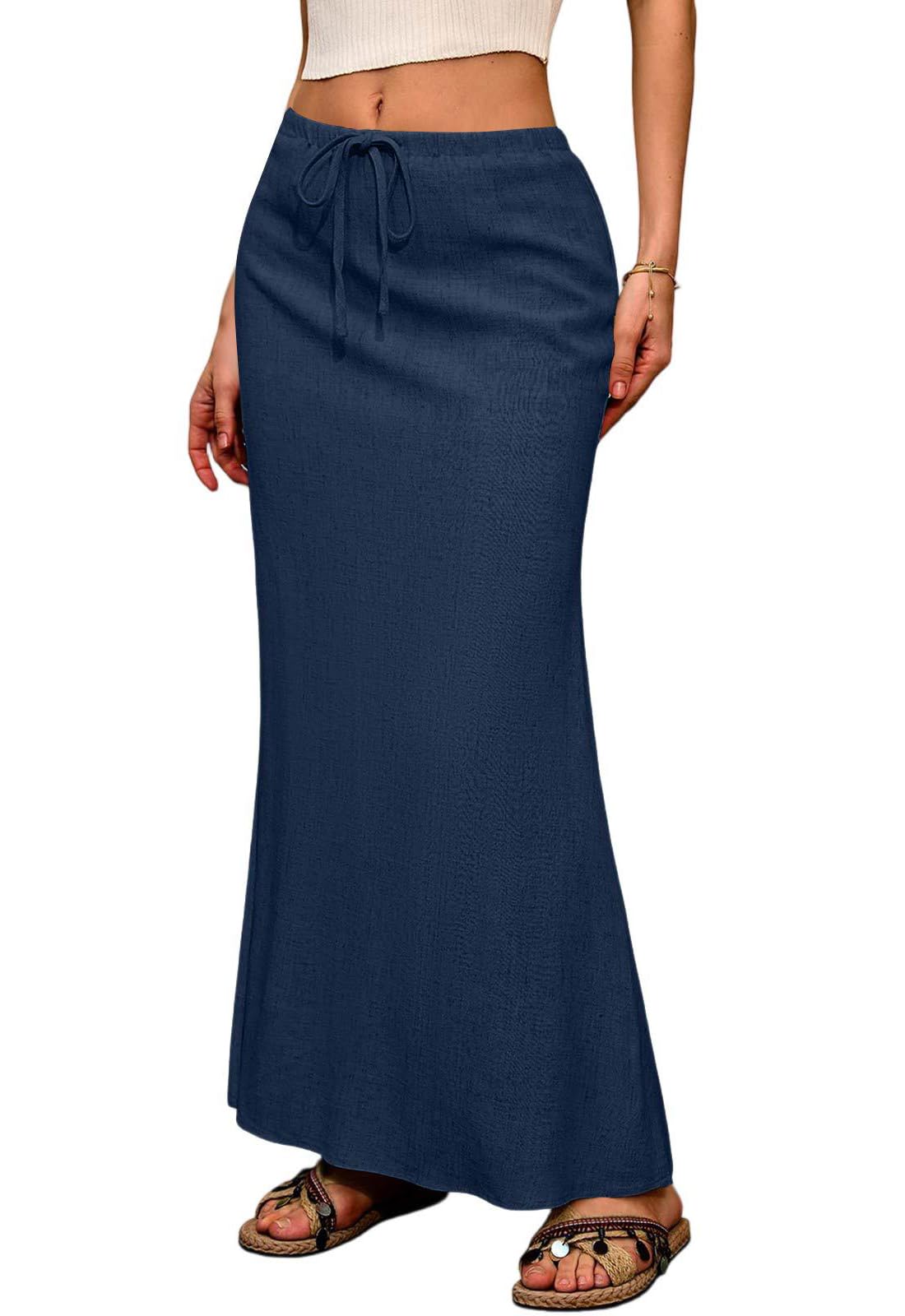 ebossy Womens Casual Cotton Linen Drawstring Skirts Elastic Waist Side Slit Flared A-Line Maxi Skirts