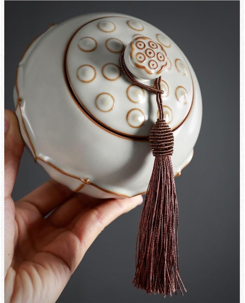 SONGCHAO Sugar Jar Creative Lotus Tea Storage Jar Ceramic Sealed Loose Container Retro Chinese Set Single Tea Canister(B)