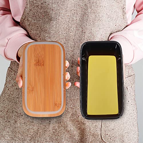 Image of Ceramic Butter Dish with Wooden Lid and Stainless Steel Knife, Large Butter Container Keeper with Bamboo Cover and Silicone Sealing Ring for West and East Coast Butter (Black)