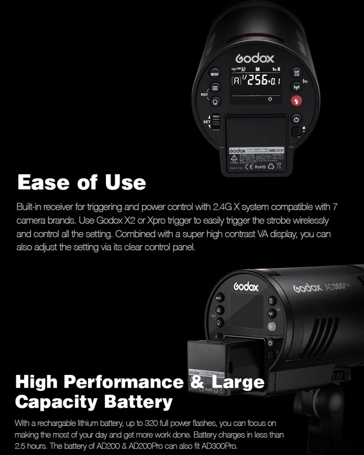 Godox AD300Pro Studio Outdoor Strobe Flash, AD300 Pro 300W 2.4G TTL HSS 1/8000s Monolight Speedlite Light, 2600mAh Lithium Battery, 0.01-1.5s Recycle Time, 12W Bi-Color Dimmable Modeling LED