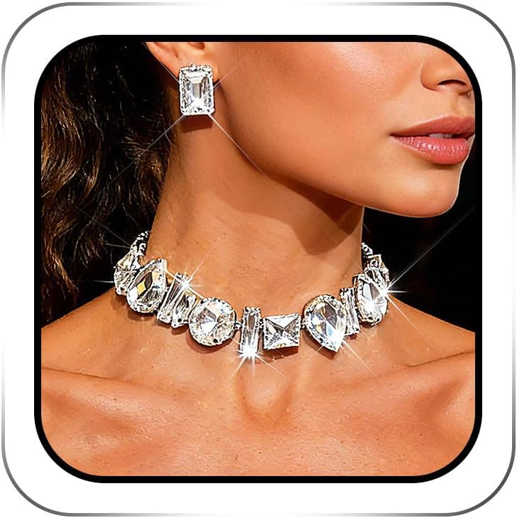Rhinestone Necklace Earrings Set Silver Costume Jewelry for Women