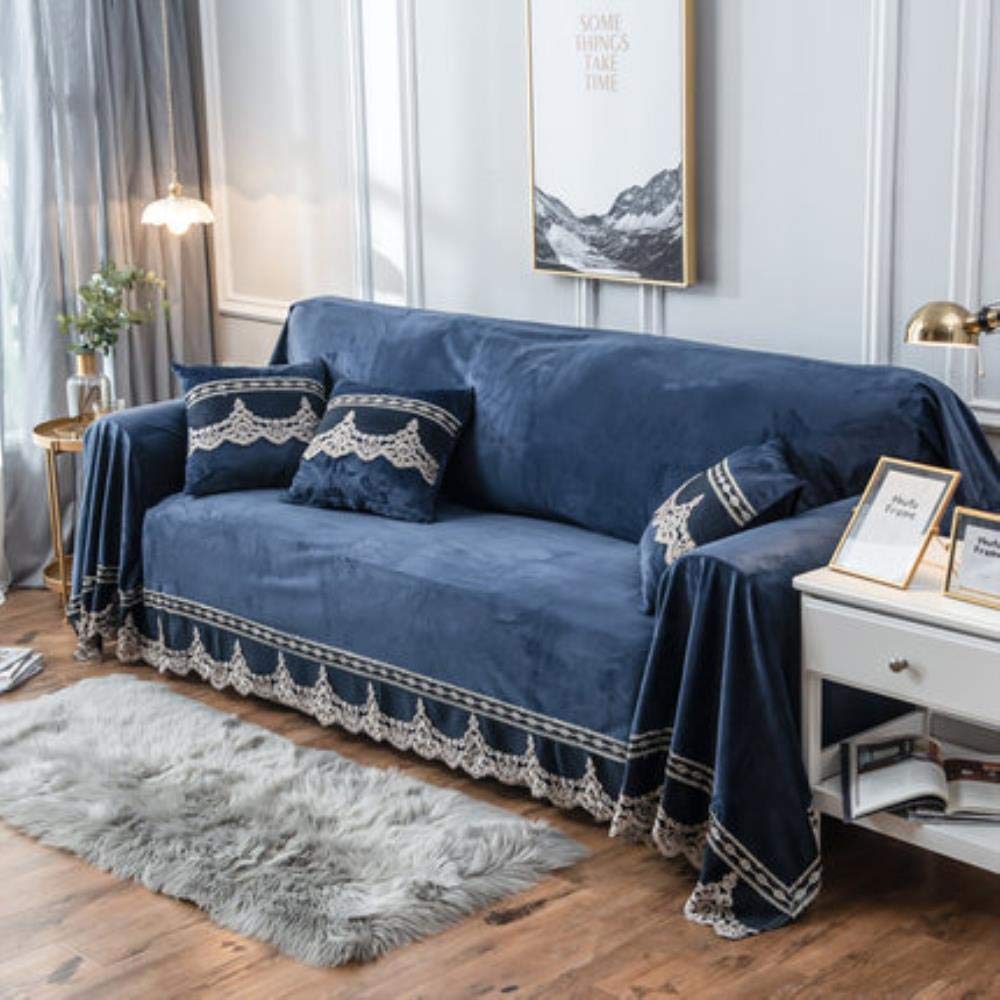 Protège canapé contre les griffures en peluche extensible bleu marine avec dentelle 200x200