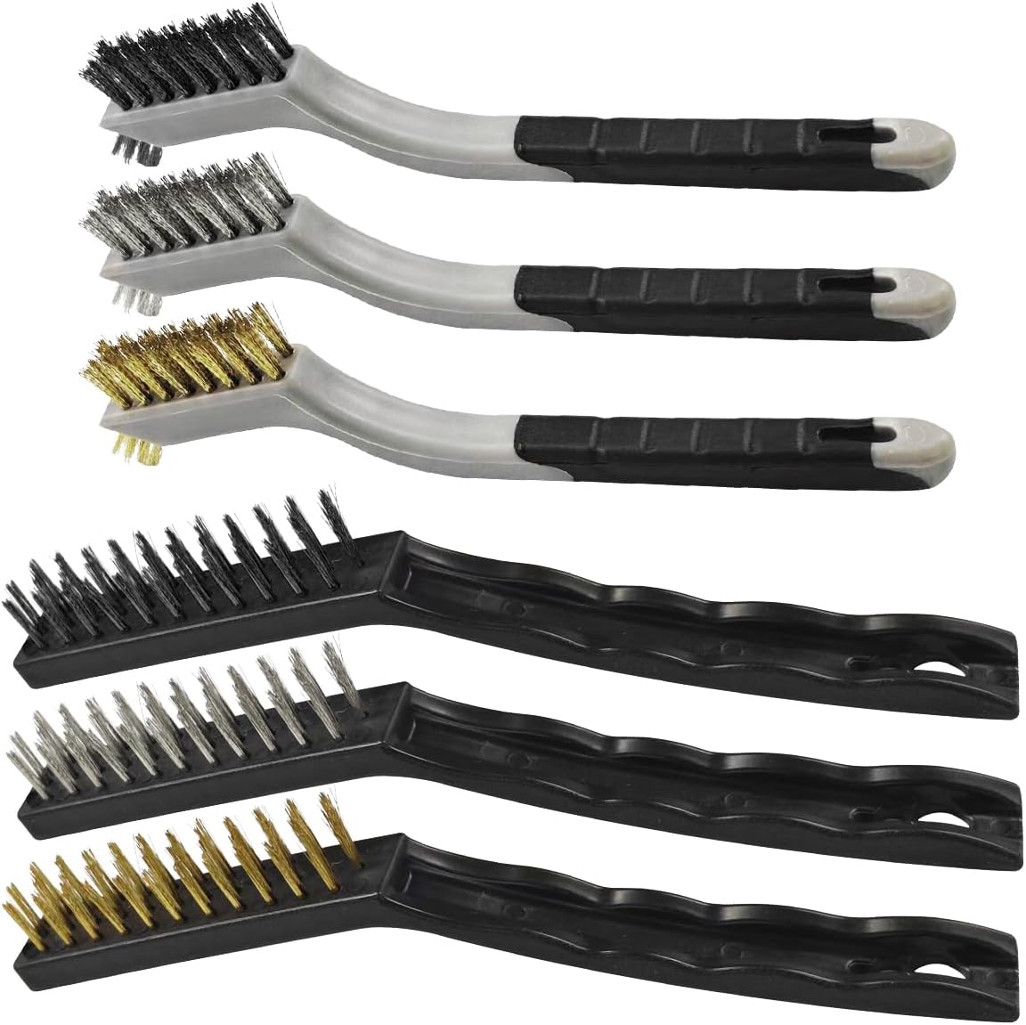 6PCS Wire Brush Set – Brass, Stainless Steel & Nylon Bristles Scrub Brush for Cleaning Rust, Welding Slag and Paint Removal – Curved Handle Small Metal Cleaning Brushes for Car Detailing Home (Style1)