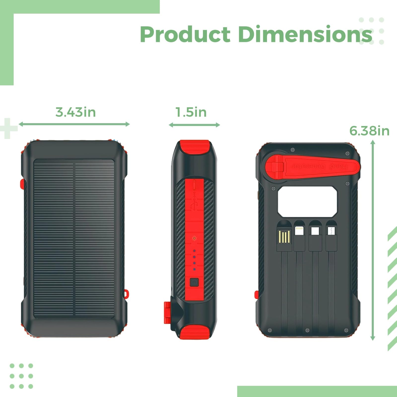 Banca di energia solare con generatore a manovella, caricatore portatile da 20000 mAh, ricarica rapida, 3 cavi di uscita, torcia a LED e luce da campeggio, certificazione UKCA, per campeggio