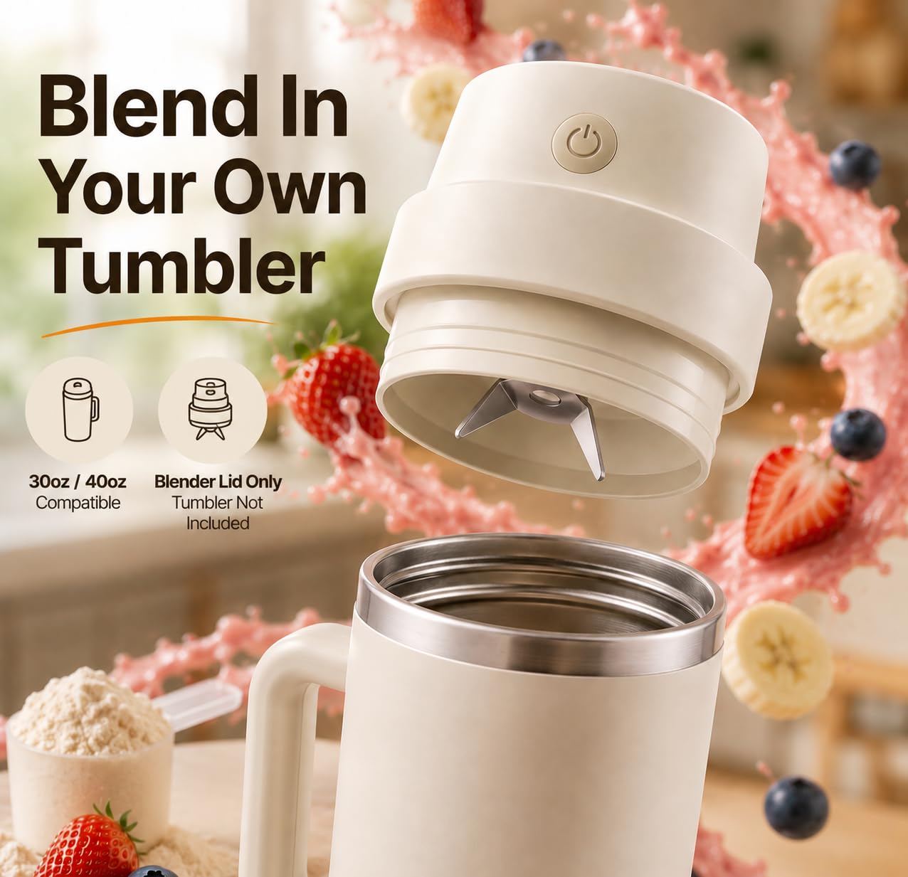 Richboyz Accessoire mélangeur portable pour gobelets de 887 ml et 1200 ml : mélangeur personnel rechargeable compatible avec la plupart des tasses à ouverture large de 8,9 à 10,2 cm pour smoothies et