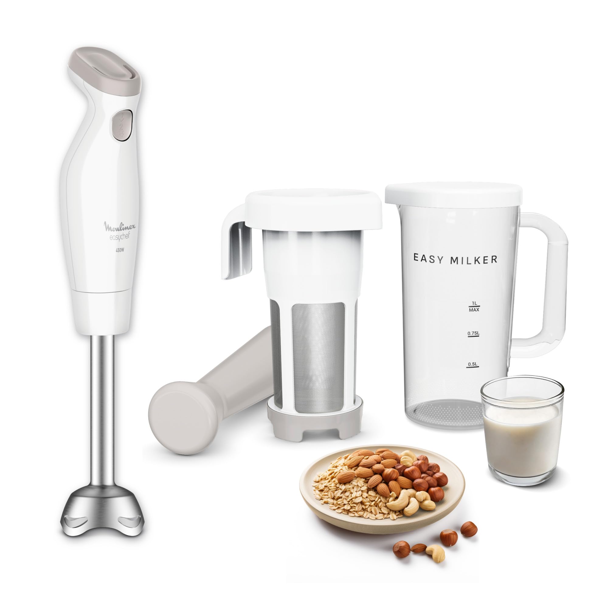 Moulinex Easy Milker & Easychef, Préparateur de lait végétal avec pied mixeur, Lames Zelkrom, 2 vitesses