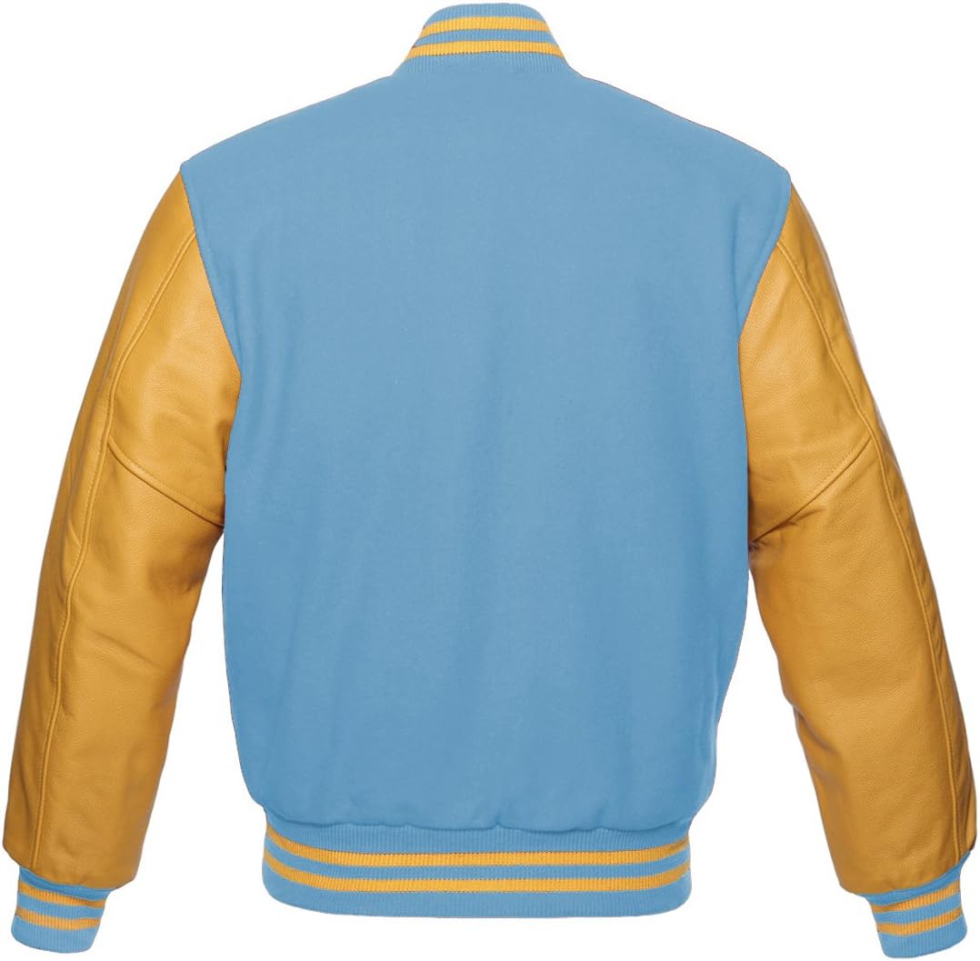 Men’s Classic Varsity Jacket – Wool Blend Body with Genuine Leather Sleeves, Snap Button Letterman Jacket
