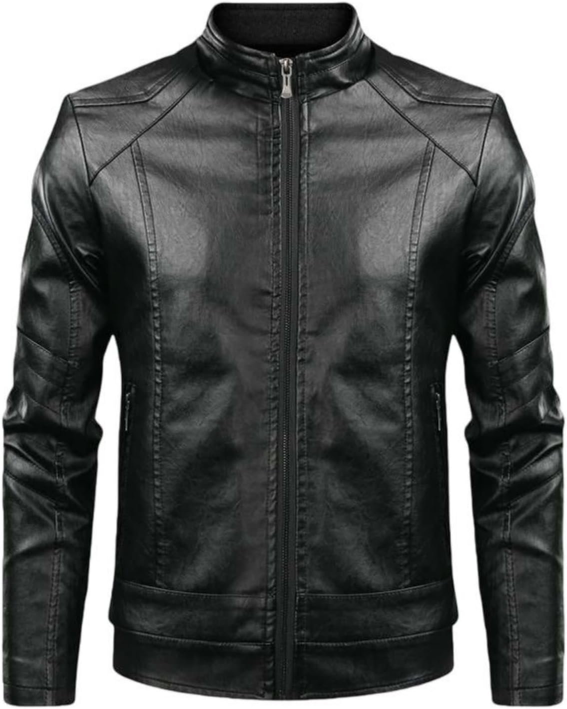 Men's PU Faux Leather Jacket Korean Slim Fit Stand Collar Motorcycle Coat for Spring Autumn