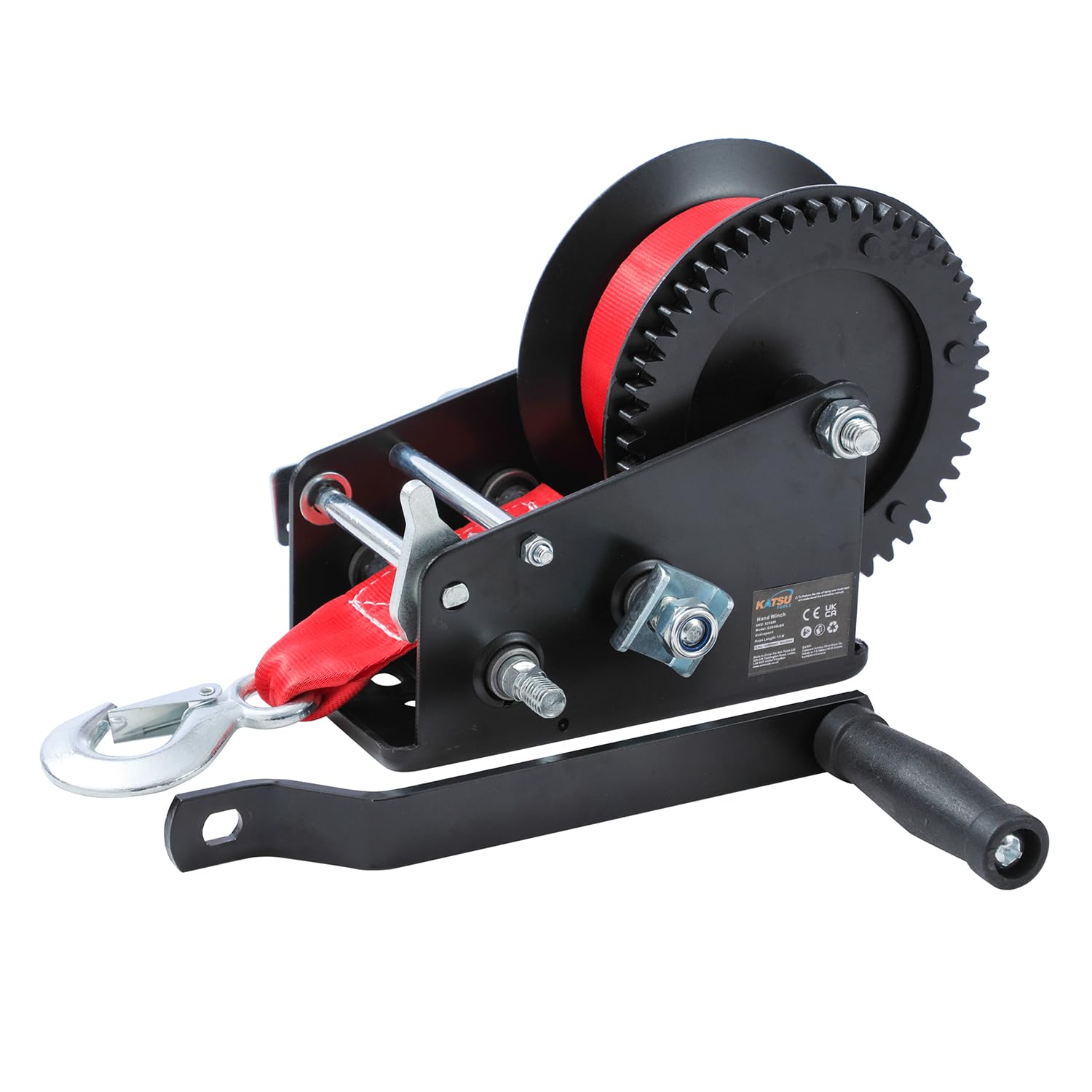 KATSU Tools Robuste Handwinde 3000lbs 1360kg mit 10m Polyesterband, Zweigang-Getriebesystem, Für Anhänger, Wohnwagen, Auto und Bergungseinsätze 325926