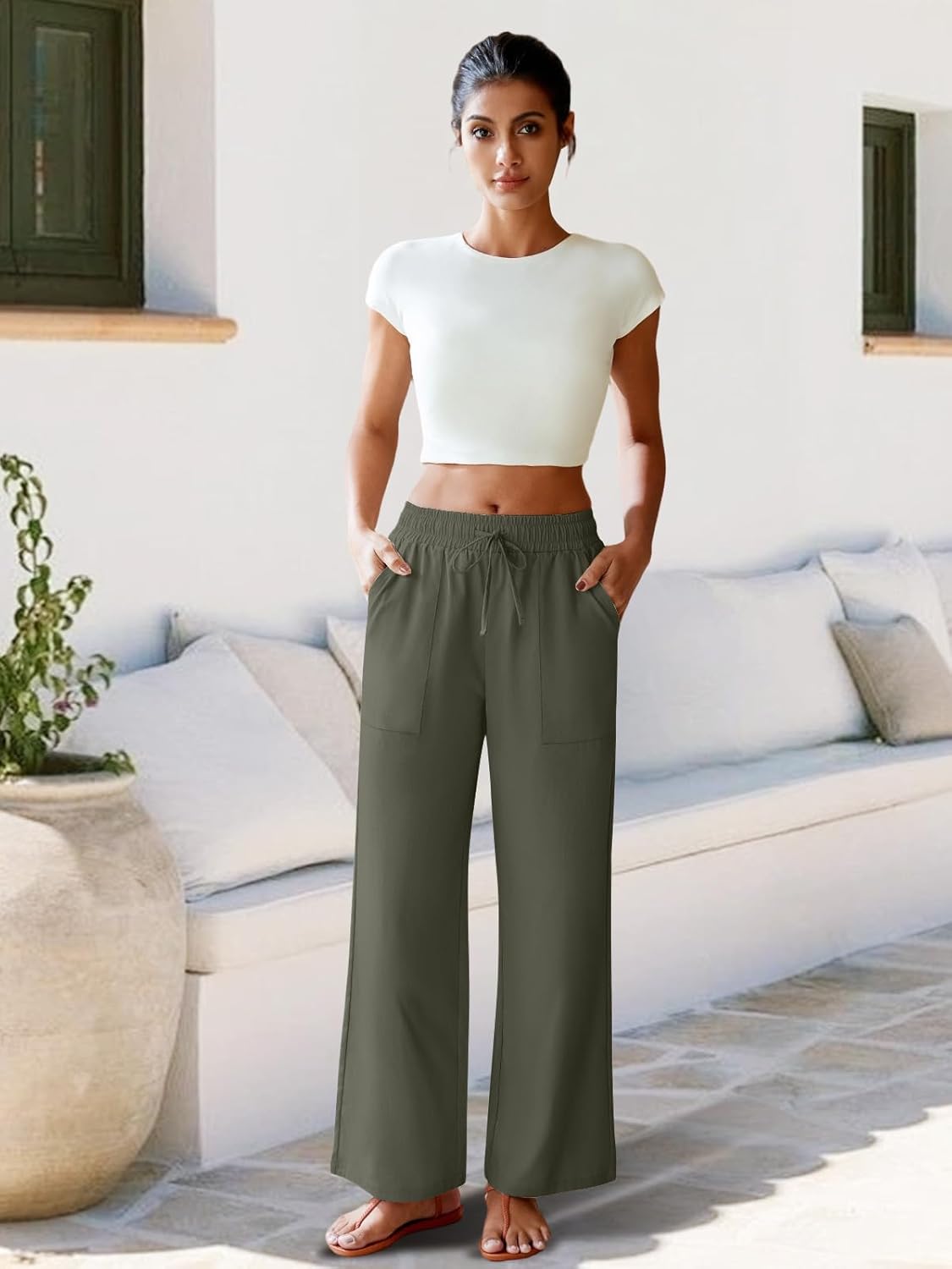 FireSwan Womens Linen Palazzo Pants Wide Leg Drawstring Casual Flowy Pants Summer Beach Trousers with Pockets - Image 5