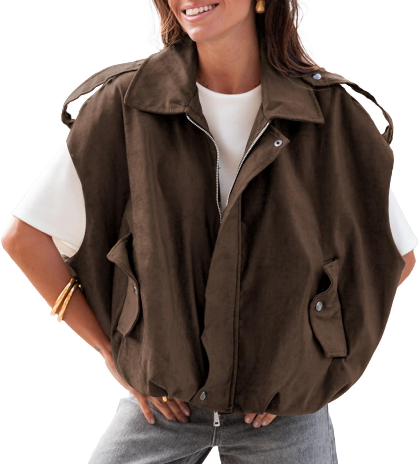 Womens Oversized Faux Suede Vest Cap Sleeve Vest Tops Casual Lapel Collar Coats 2026 Trendy Outfits(Coffee,S)