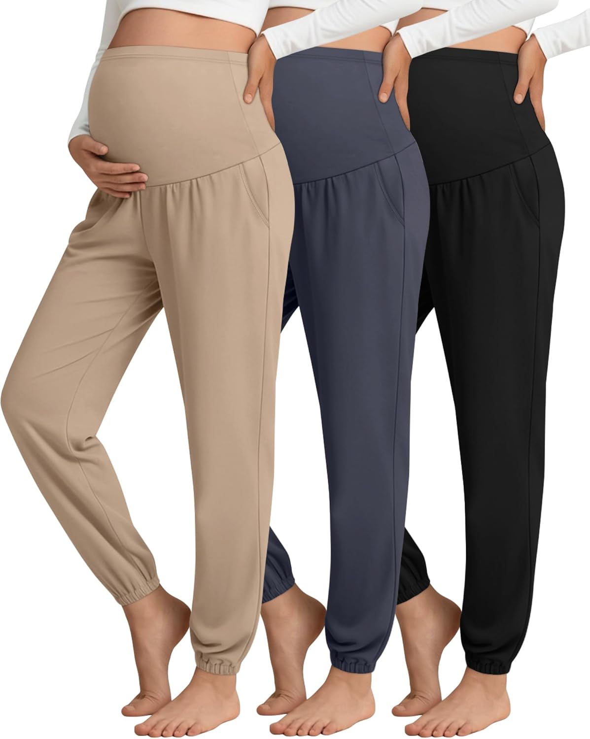 3 Pack Women's Maternity Pants Maternity Jogger Sweatpants Over The Belly Stretchy Pregnancy Pants with Pockets(Khaki,Haze Blue,Black,Large)