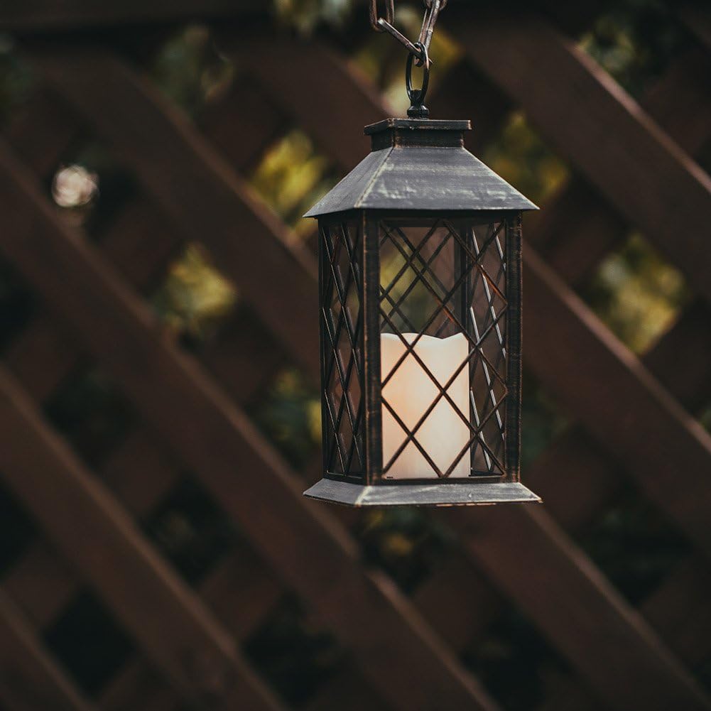 14" Golden Brushed Vintage Decorative Candle Lantern with 4 Hours Timer (Batteries Included) Hanging for Indoor&Outdoor Flameless Candles (Set of 2)