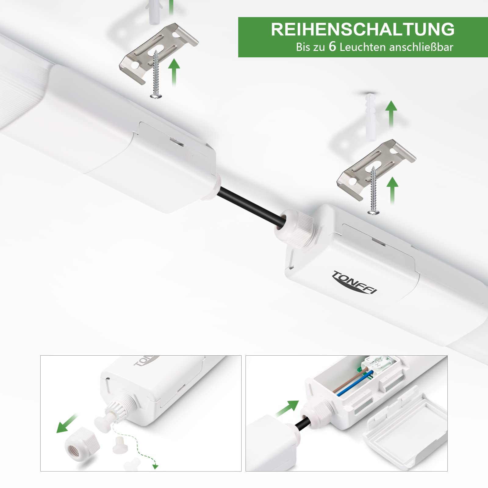 TONFFI 10 Stück LED Feuchtraumleuchte 150CM, 60W 7000LM 4000K Neutralweiß Verknüpfbar LED Deckenleuchte Röhre, IP69 Wasserfest Wannenleuchte Werkstattlampe für Keller Lager Garage Warenhaus