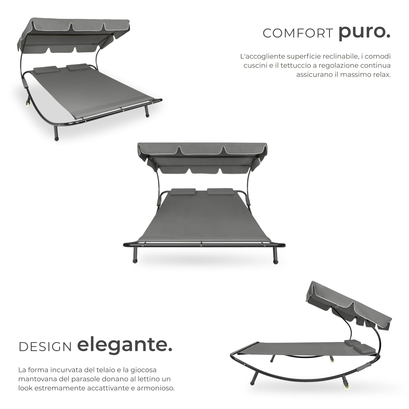 Tectake Lettino Prendisole Doppio con 2 Cuscini da Esterno, Telaio in Metallo, Rotelle, Tenda da Sole Pieghevole - Nero/Grigio