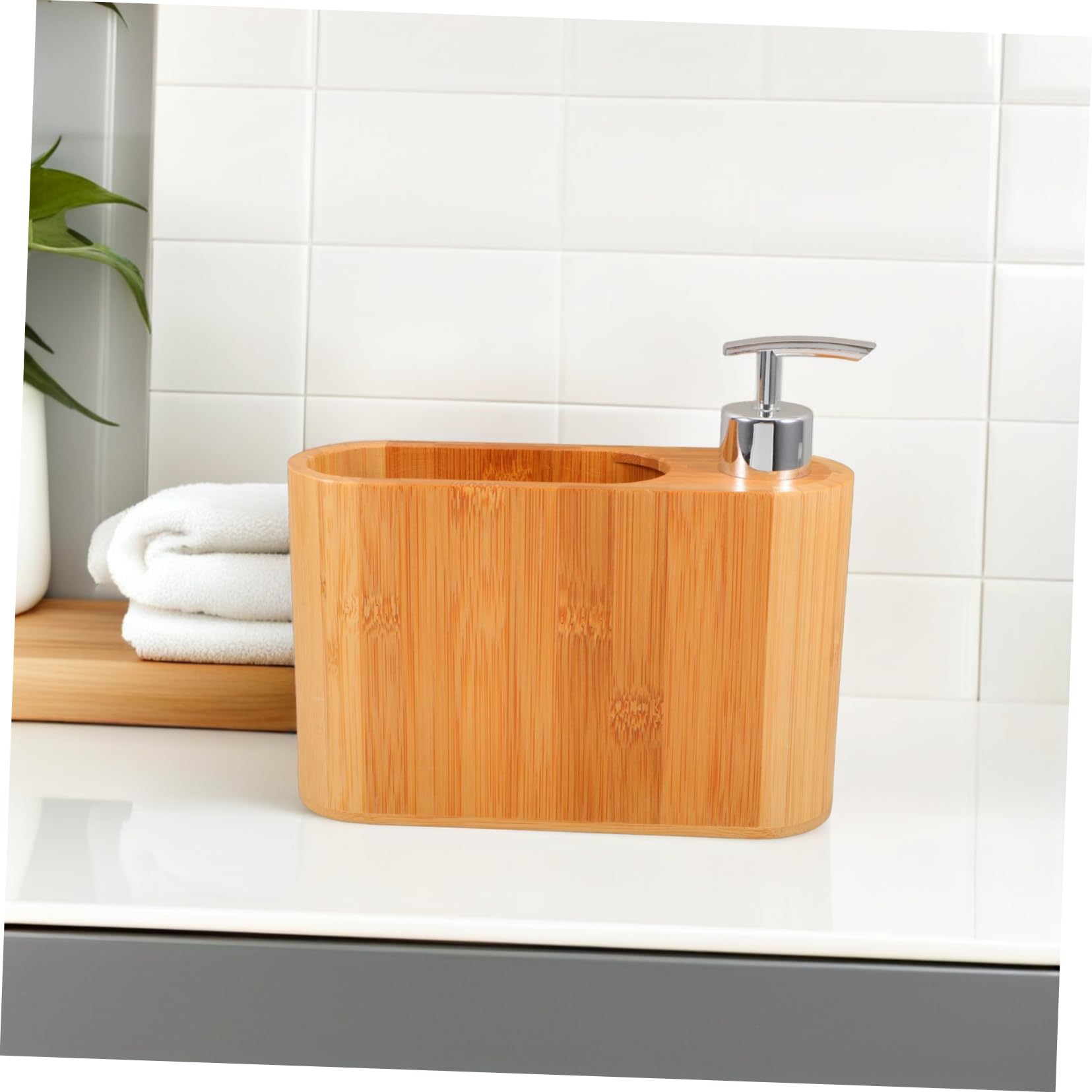 Dispenser Sapone da Appoggio a Forma Ellittica in Legno e Plastica | Design Raffinato ed Ergonomico, per Bagno di Casa, Forma Ellittica Decorativa