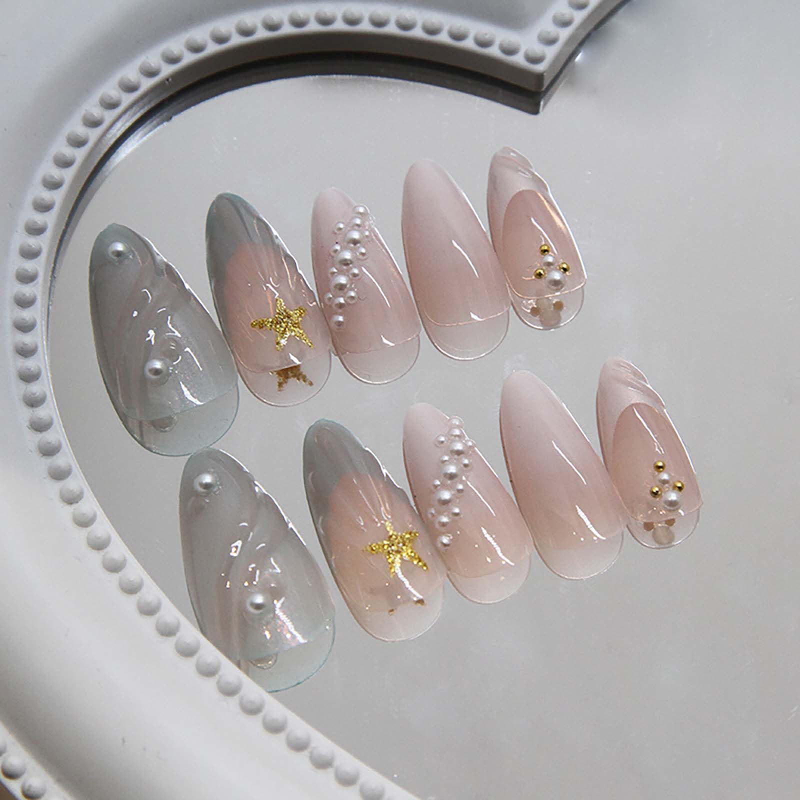 24 Pcs Almond Shape Press On Nails with 3D Seashell & Starfish Design - Image 2