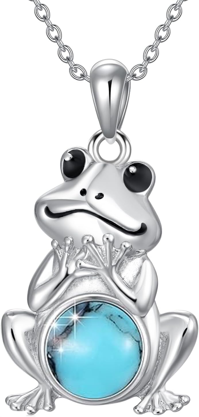 S925 Sterling Silver Frog Necklace wiht Opal Jewelry for Women Cute Frog Stuff Real Opal/Turquoise/Moonstone/Moss Agate Necklace Pendant Good Luck Gift