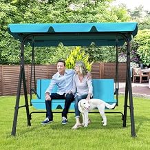 GARTOO 3-Seat Patio Swing Chair, Outdoor Porch Swing with Adjustable Canopy and Durable Steel Frame for Patio, Garden, PoolsideTurquoise