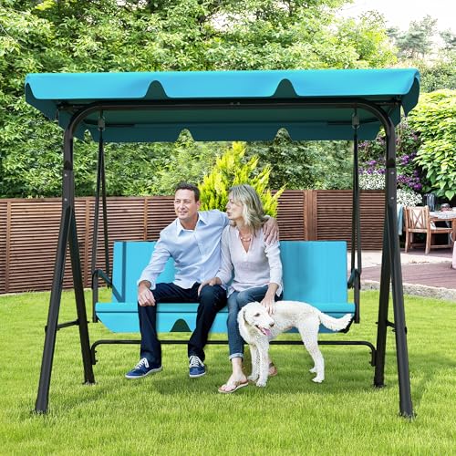 Image of GARTOO 3-Seat Patio Swing Chair, Outdoor Porch Swing with Adjustable Canopy and Durable Steel Frame for Patio, Garden, Poolside(Turquoise)