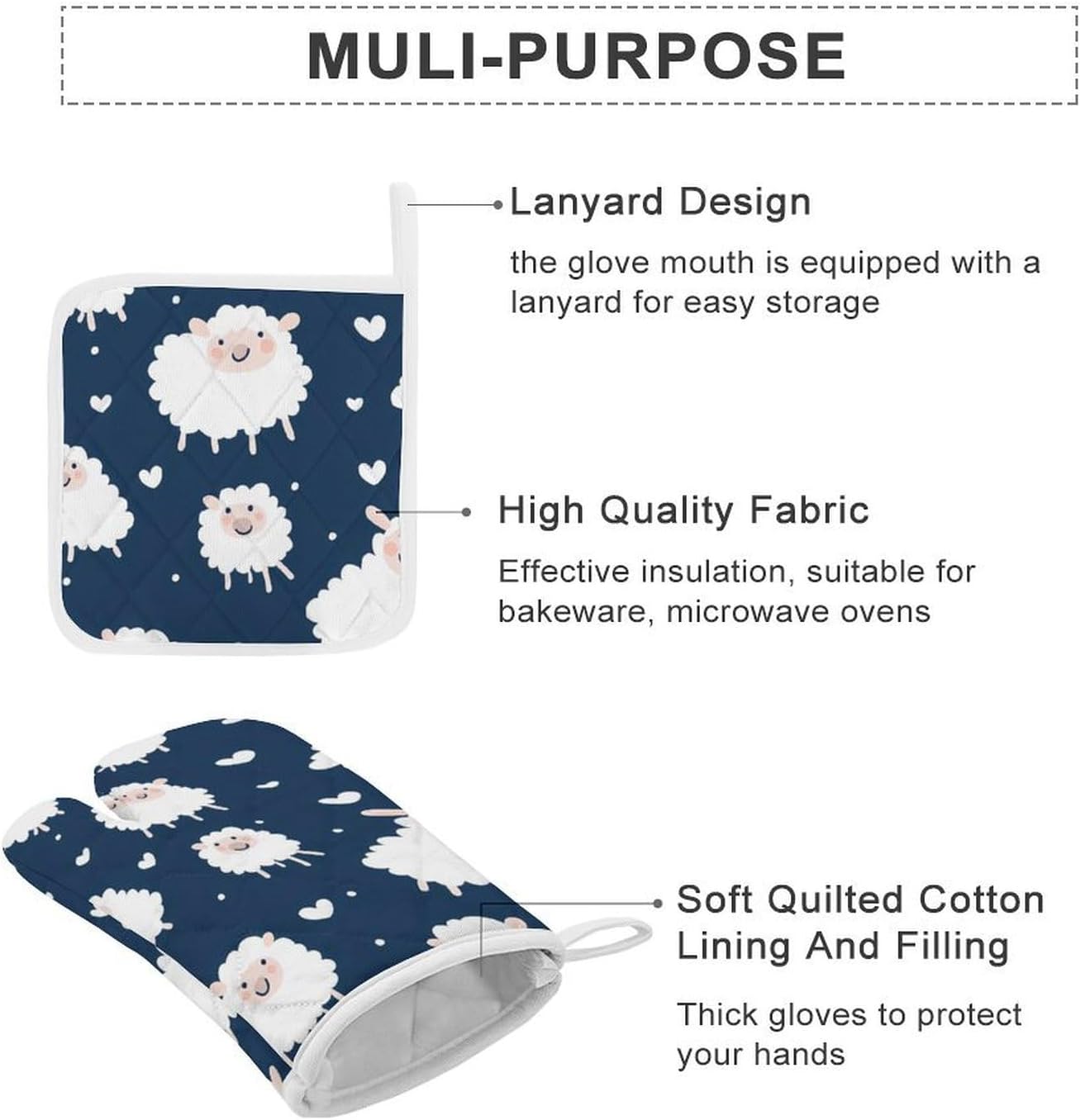 Cute Sheep Pattern Oven Mitts and Pot Holders 4Pcs Set Heat Resistant Cooking Mitts Hot Pads