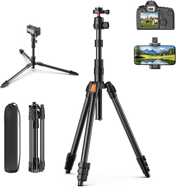 XXZU 71" Tripod caméra, trépod pour téléphone caméra avec tête de 360° et porte-smartphone, DSLR Trépied, Voyage pour téléphone/DSLR/SLR/Projecteur, Max Charger 8kg/17,64lb, 71in+Plaque de libération rapide
