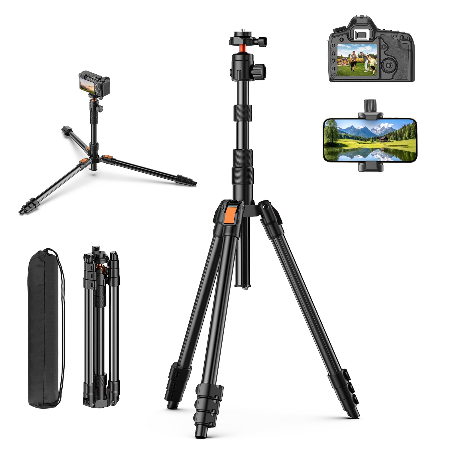 XXZU 71" Camera Tripod, Tripod for Camera Phone with 360°Ball Head and Smartphone Holder, Aluminum DSLR Tripod Stand, Travel for Phone/DSLR/SLR/Projector/Video Recording, Max Load 8kg/17.64lb