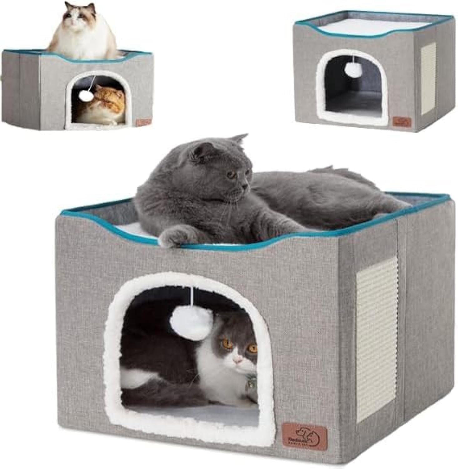 سرير قطط داخلي بفتحة كبيرة للقطط من سكيسوبيت مناسب لبيوت الحيوانات الاليفة، مجهز بخطافات كروية منفوشة ووسادات مقاومة للخدش/ سرير قطط قابل للفصل على شكل قطة، سرير قطط داخلي جيد التهوية (قطة-L)