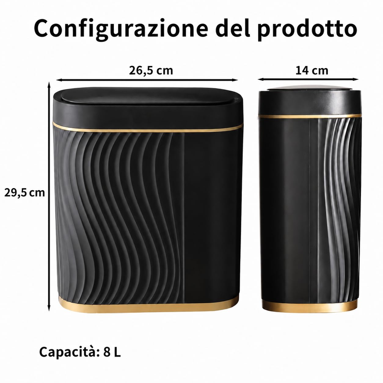 Pattumiera Automatica con Sensore 8 L - Cestino Elettrico con Coperchio per Cucina e Bagno - Impermeabile / Anti-odore per Ufficio, WC - Pattumiera Nera Silenziosa (Nero)