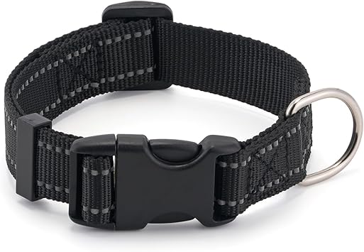 Dog Collar for Small Medium Dogs with Buckle, Breathable Adjustable Nylon Reflective Dog Collars, Black/Large