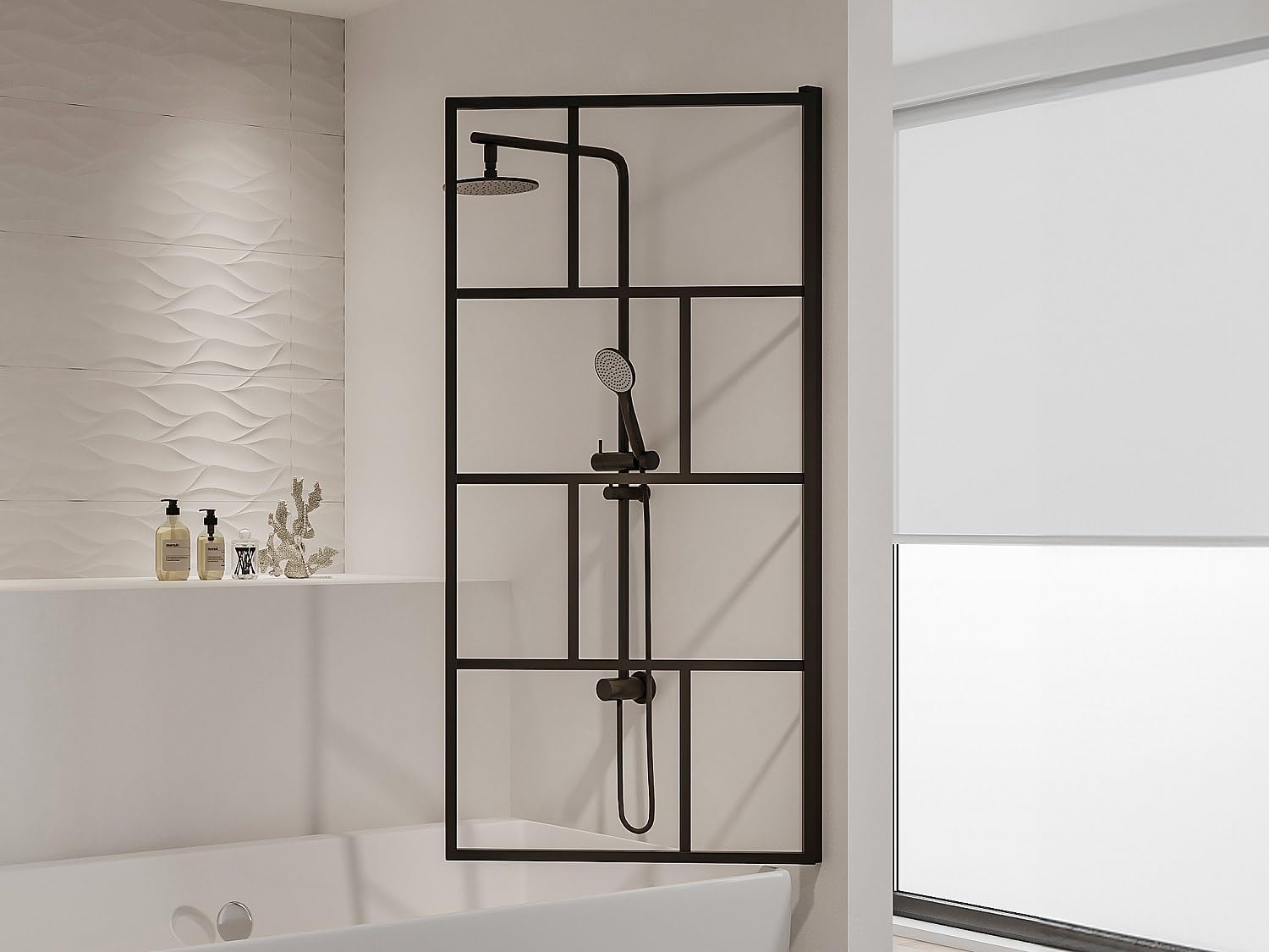 Vente-unique - Pare baignoire pivotant style industriel - 70 x 140 cm - Noir mat - Verre - RIVANON
