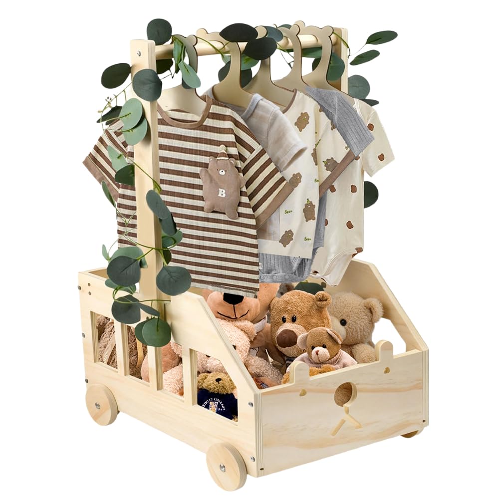Baby Geschenk Korb Holz Geschenkkorb 55×35×25cm Babyparty Kiste Schrank mit 5 Holzkleiderbügel Babypartykorb Aufbewahrungskorb Geschenk für Geburtstage Babypartys Neugeborenes Neue Eltern