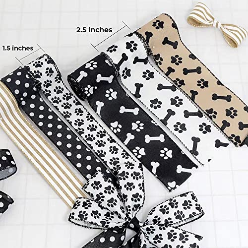 SiCai Ribbon 3 Rolls 1.5'' and 2.5'' Doggy Paw Print & Dog Ribbon(30 Yards), Lover Wired Edge Linen Ribbon,Stripes , Polka Dots Ribbons for Floral Arrangements, Packages Home Decor., black white