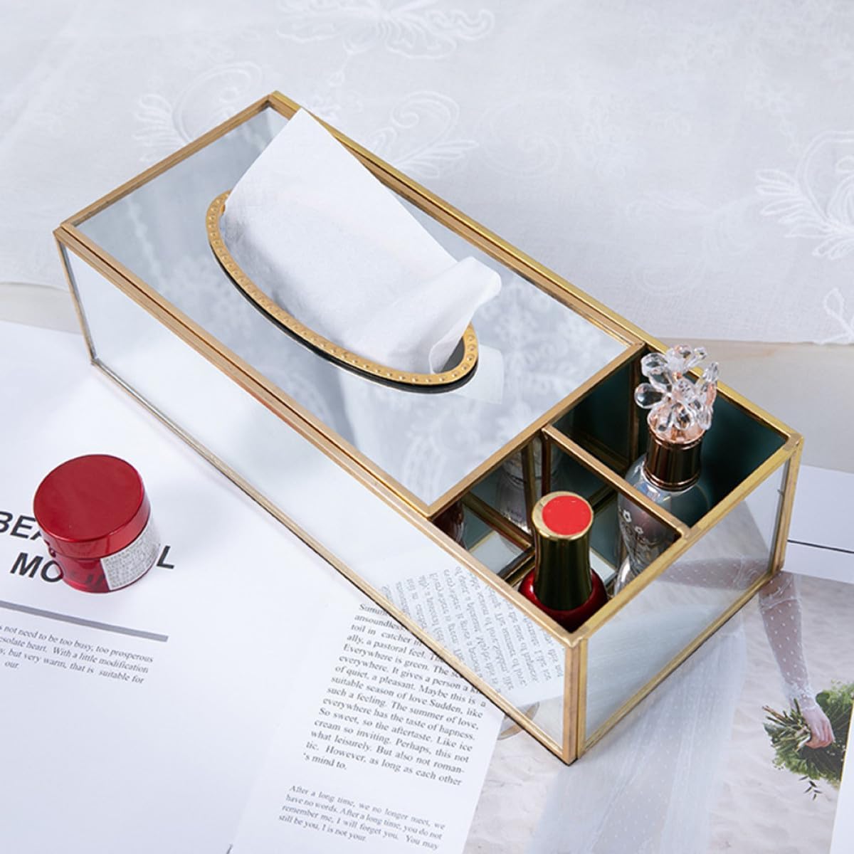 Brass Mirrored Glass Tissue Box, Dustproof Tissue Holder for Home Bathroom, Decorative Glass Napkin Dispenser with Mirror Finish