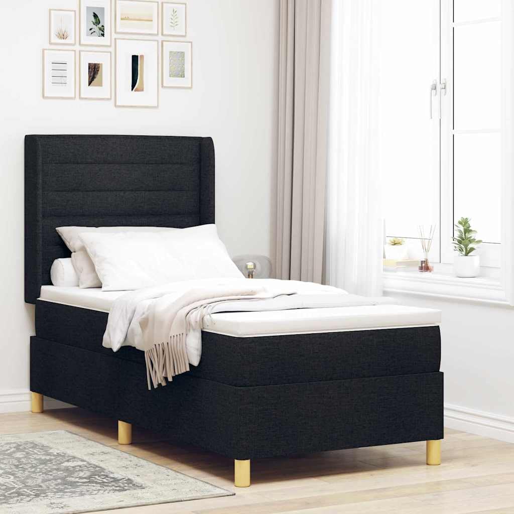Cama con somier negro de 90 x 200 cm de tela con tiras de luz LED y cabecero ajustable, somier de lamas, colchón de resistencia media, marco de madera, cama moderna para dormitorio individual