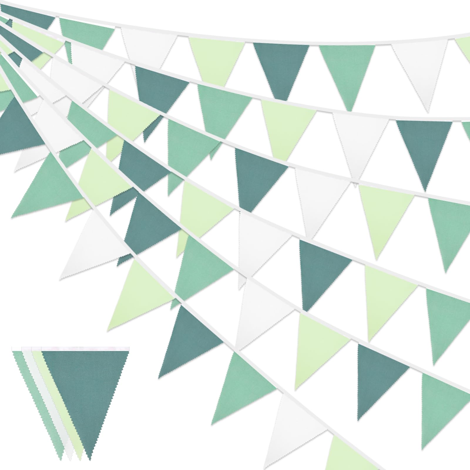 36PCS Sage Green Bunting Banner 32Ft Fabric Bunting White Green Triangle Flag Pennant Garland Streamer for Jungle Birthday Parties Wedding Baby Shower Spring Summer Garden Tea Outdoor Hanging Decor