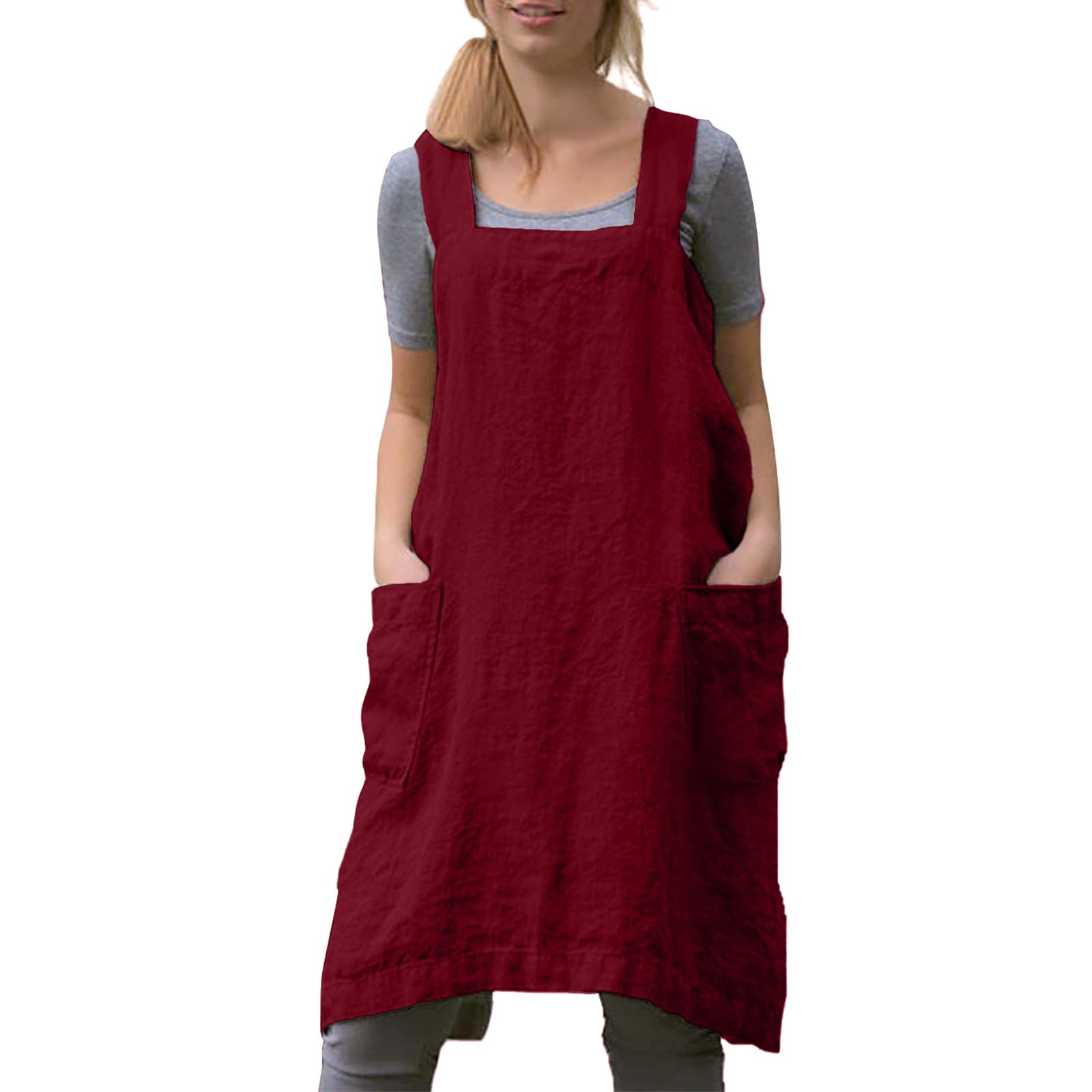 Dianinfa Women Apron with 2 Pockets Cotton Linen Kitchen Baking Cooking Chef Cross Back Pinafore Dress