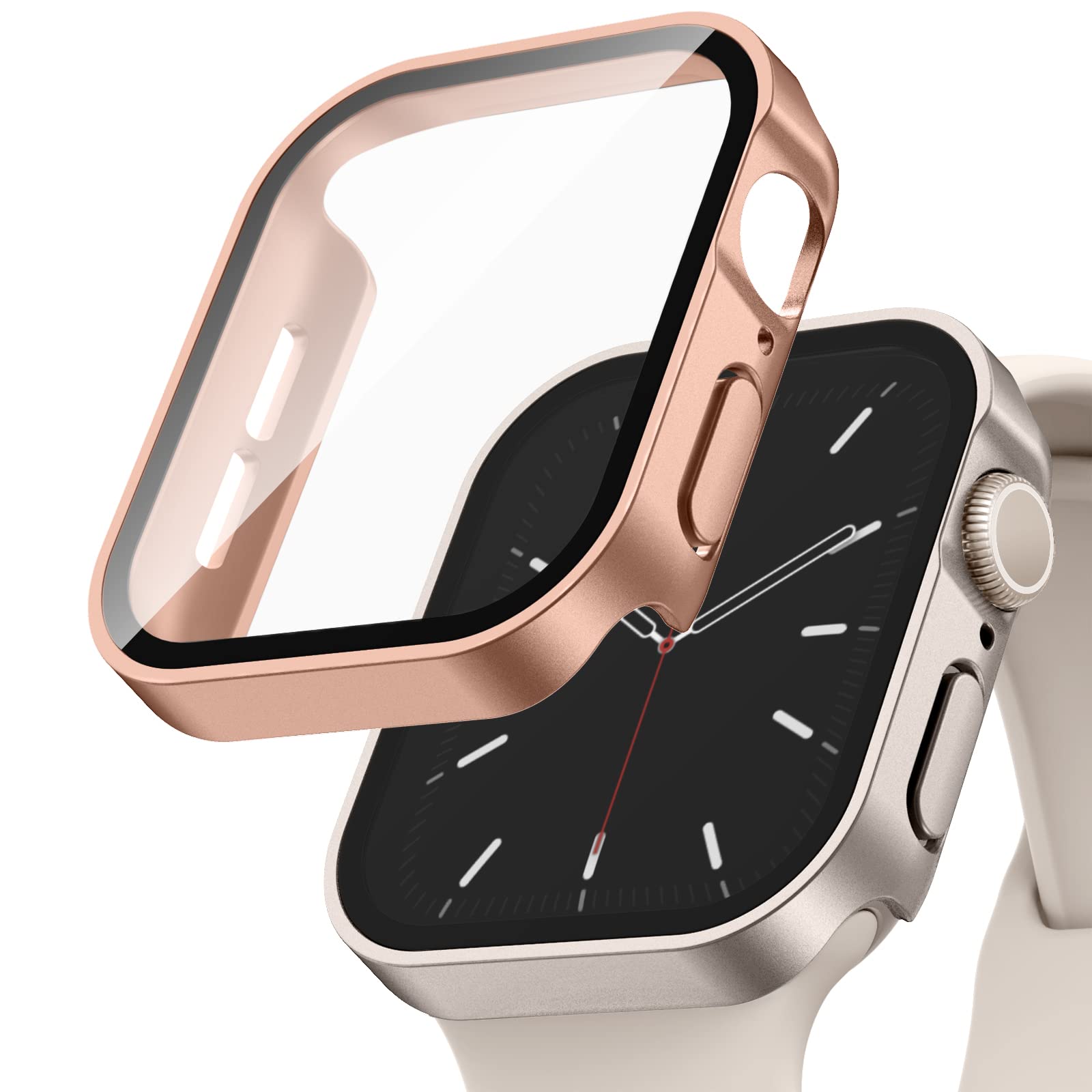Adepoy 2 Pack Hard Case Compatible with Apple Watch 45mm Series 8 Series 7 with Tempered Glass Screen Protector, Matte Rosegold/Starlight Ultra-Thin