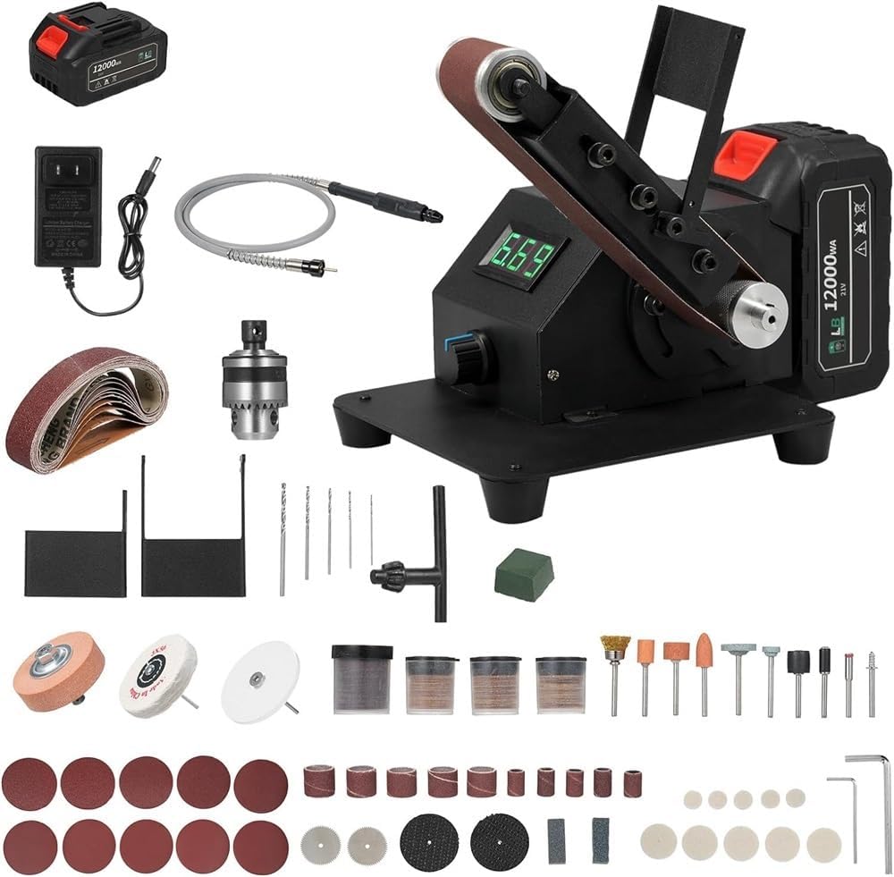 Grinder， 350W Mini Belt Sander Electric Bench Grinder Sanding Machine Stepless Speed Regulation Small Grinder Sharpener Polisher Machine with 10 Sanding Belts for DIY Woodworking Resin Jewelry Making