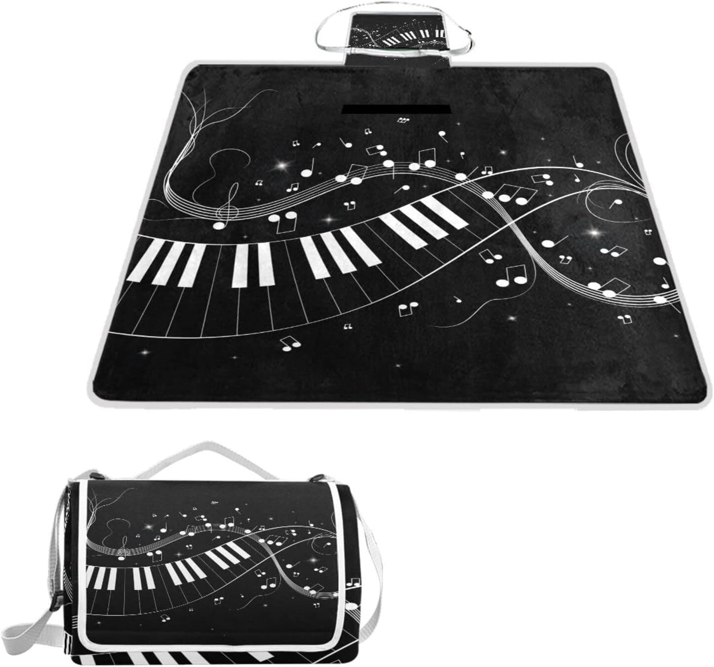 レジャーシート レジャーマット 厚手 アルミ 折り畳み 防水 コンパクト 大判 ブラック 音楽 黒 音符 楽譜 花見 キャンプ 軽量