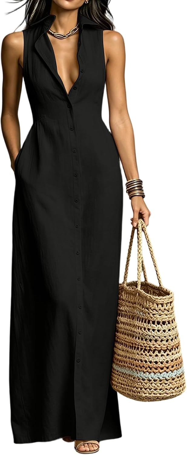 Summer Maxi Dresses for Women 2026 with Pockets | Collared Button Down,Beach Vacation Sundresses,Cruise Outfits,Sleeveless Long Dress,Loose Fit