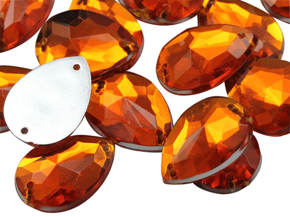 Allstarco Hyacinth Ch08 18X13mm Orange Teardrop Flat Back Sew On Beads For Crafts Plastic Acrylic Rhinestones With Holes For Sewing, Clothing Embelishments, Costume Cosplays - 50 Pieces