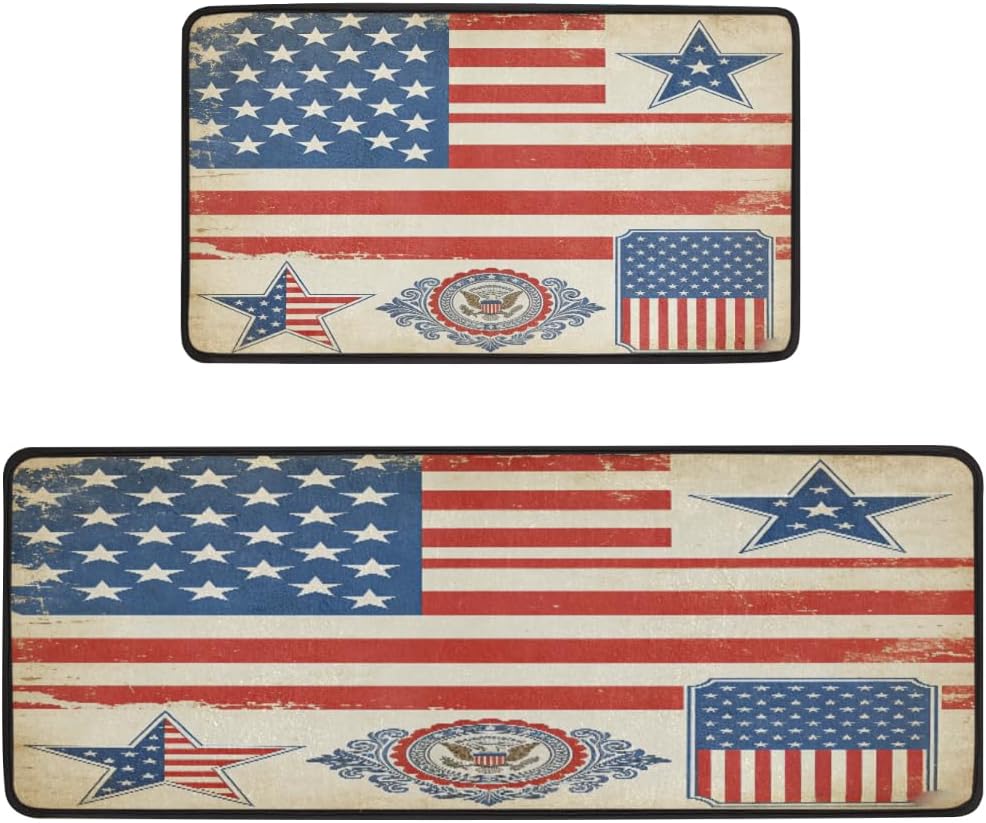 Anti Fatigue Vintage USA Flag Kitchen Mats for Floor 2 Piece Set, Waterproof Non Slip Boho Kitchen Floor Rugs, Comfort Standing Mat for Sink Laundry & Home Kitchen 17"x47"+17"x29"