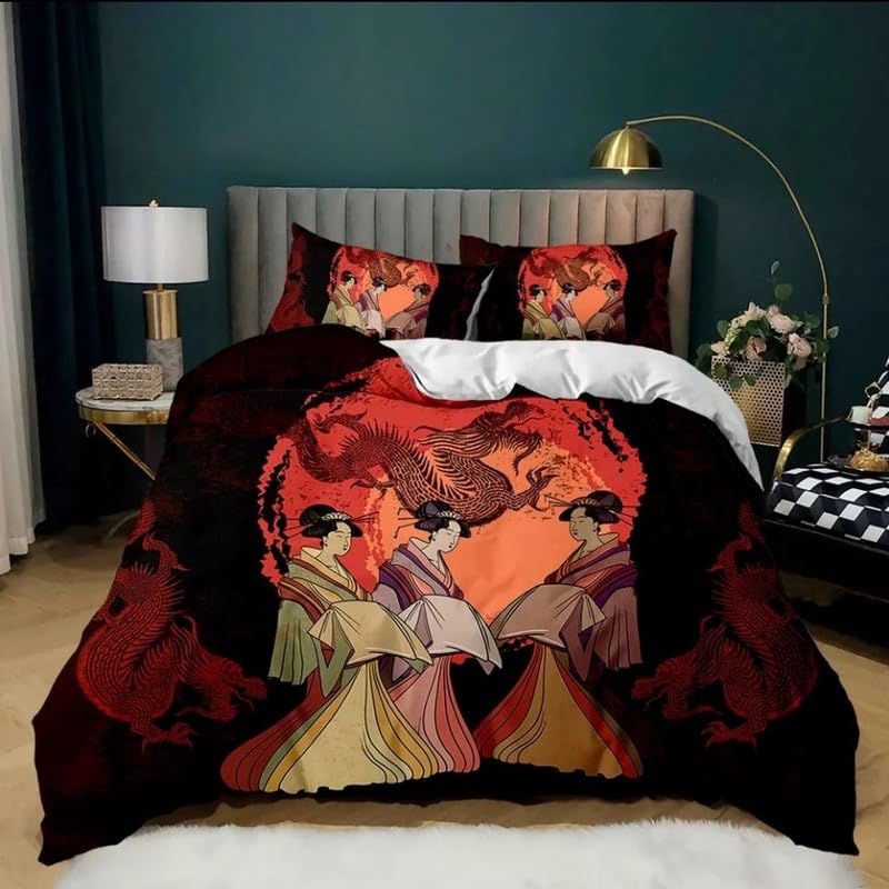 Housse de couette japonais rouge 140x200 pour une décoration zen et voyageuse de votre chambre