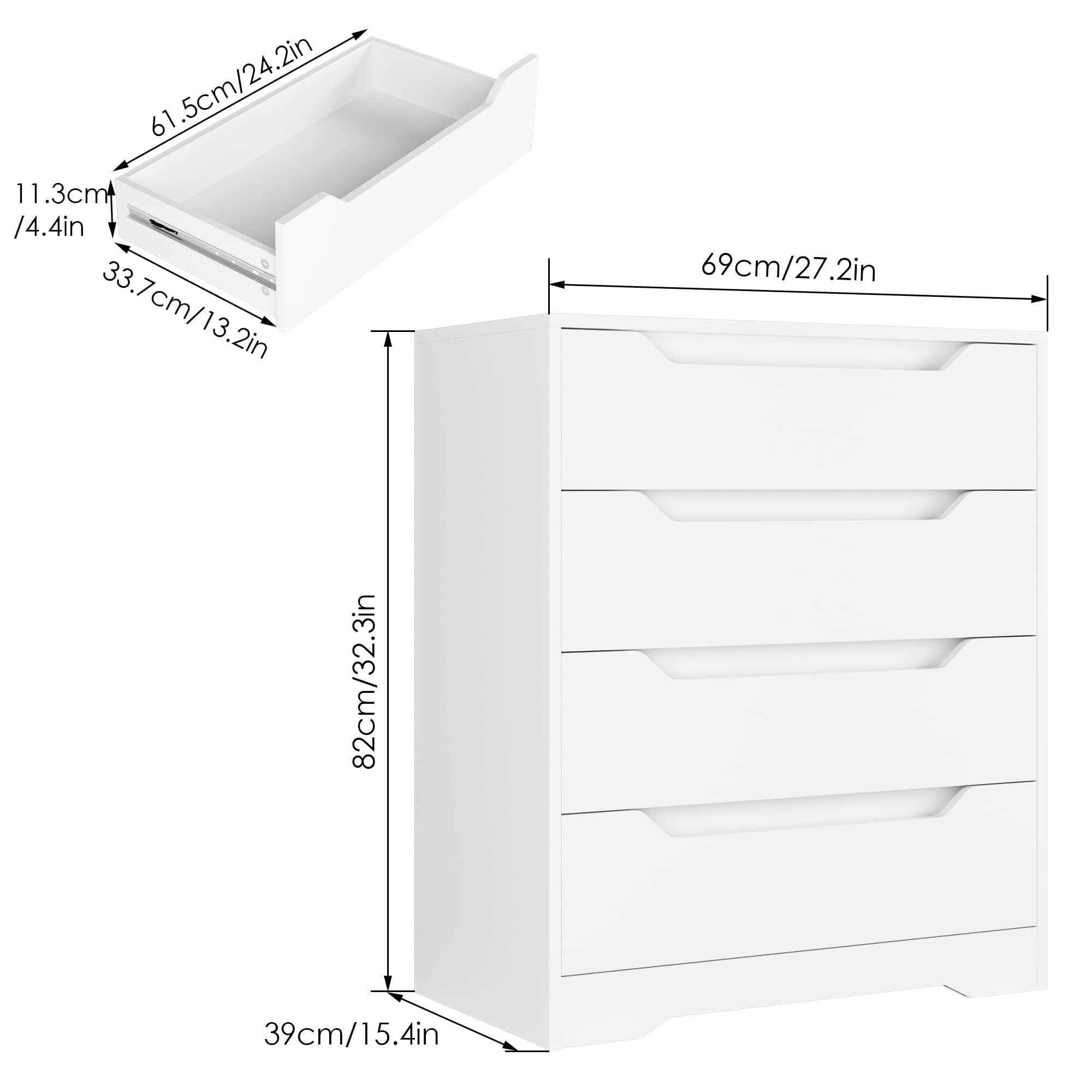 HOCSOK Cassettiera Comodino 4 Cassetti, Cassettiera Camera da Letto,Mobiletto Portaoggetti Multifunzionale, Mobili Contenitori Indipendenti, Soggiorno, 69 x 39 x 82 cm (Bianco)