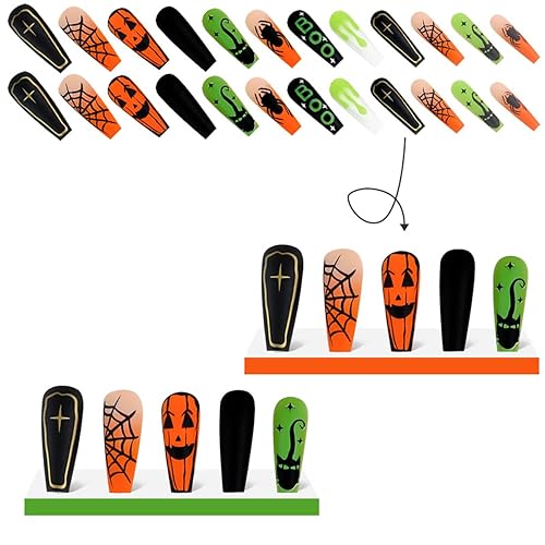 Miniatura 5 de Uñas postizas largas cuadradas para Halloween, con pegamento, diseño de telaraña, lápida de gato, diseño de telaraña, uñas acrílicas, fantasma, arte